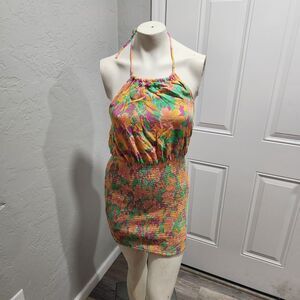 Lost & Wander Halter Dress Womens‎ SZ M Summer Resort Wear Rainbow Floral Smoked